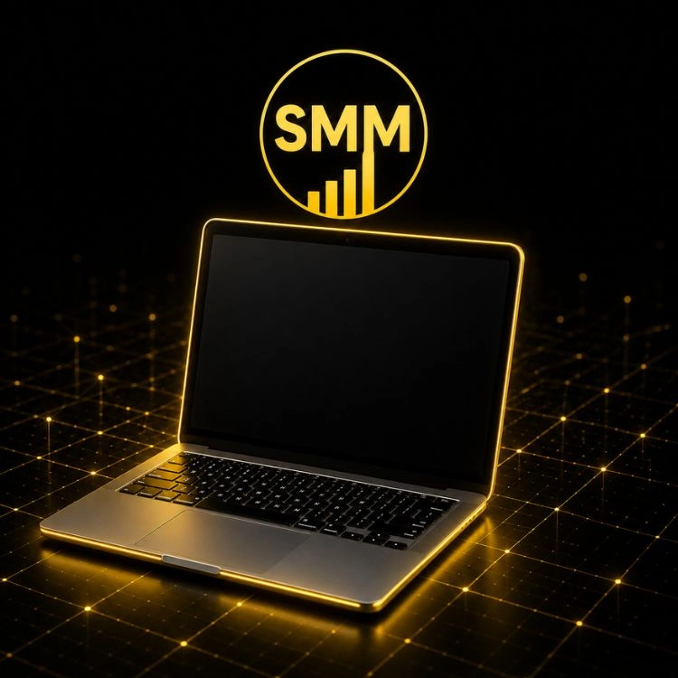 Social media marketing (SMM) concept featuring a laptop