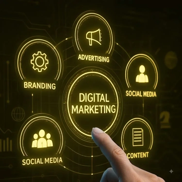 Digital marketing concept showing a hand touching a digital interface with icons for branding