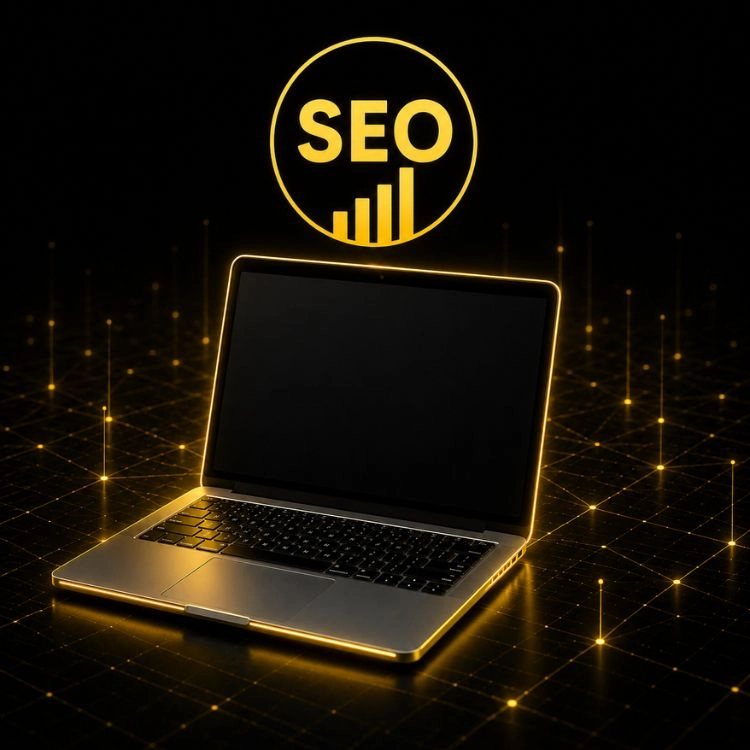 SEO concept featuring a laptop with a glowing yellow SEO logo